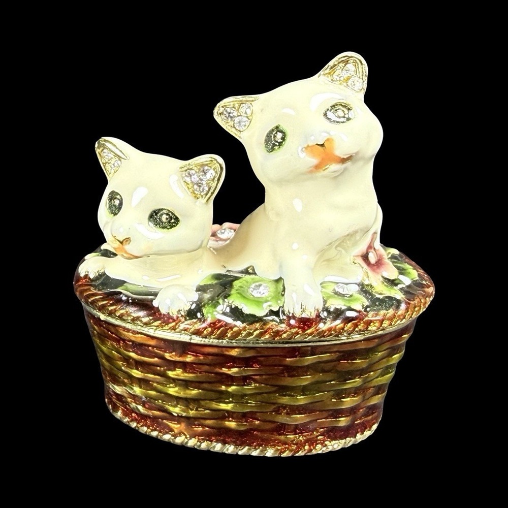 Kittens in Basket Trinket Box Jeweled & Enameled Cats